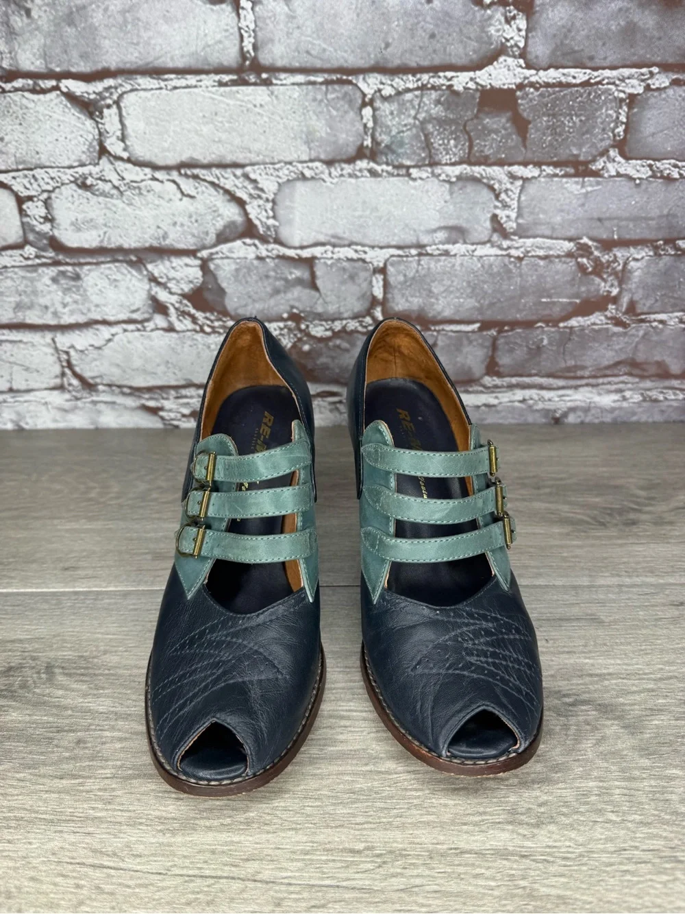 re-mix vintage Aviator 1930’s Blue Leather Peep Toe Heels Women Sz 6.5M US/37EU